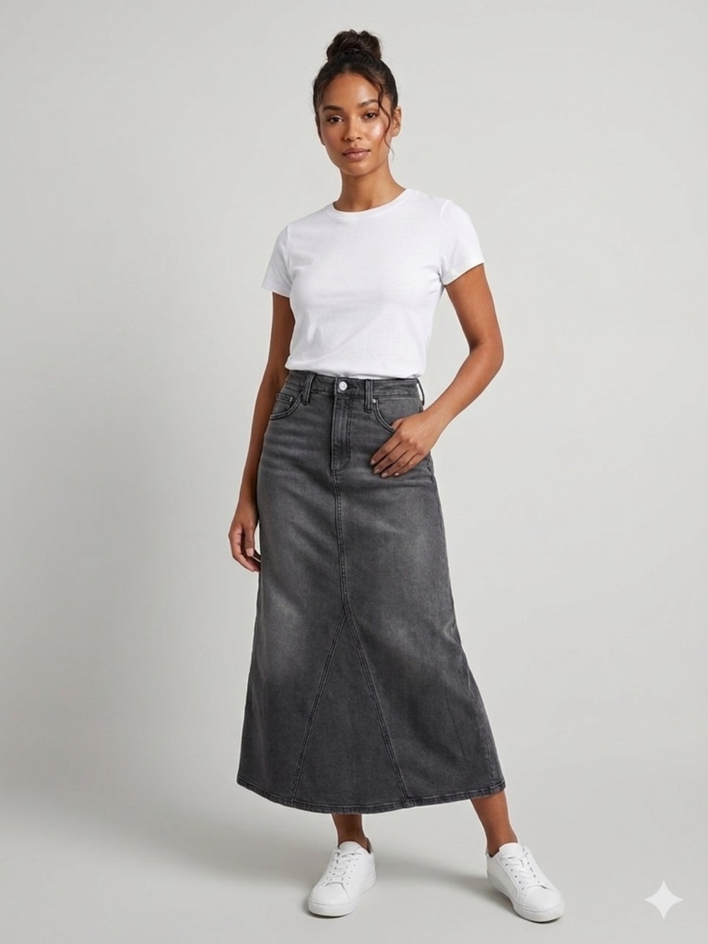 Joe's Black Wash Denim Midi Skirt High Rise A-Line Vintage Inspired 90s Sz 26